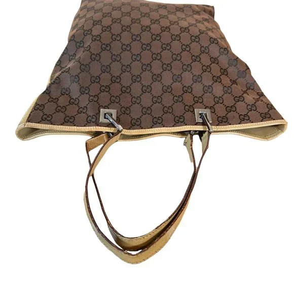 Authentic Gucci Tote Bag Brown Canvas Used GG Handbag Vintage - Picture 8 of 14